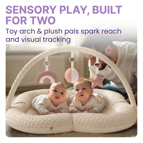 Twins Baby Play Mats for Floor Activity Gym - 5-in-1 Support Cushion Baby Play Mat Tummy Time Mat for Supervised Bonding with Arch, Plush Toys, Flashcards & Development - Beige