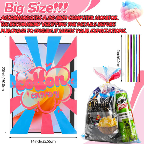 50 Pcs Cotton Candy Bags with Ties, 14" x 20" Clear Printed Bags