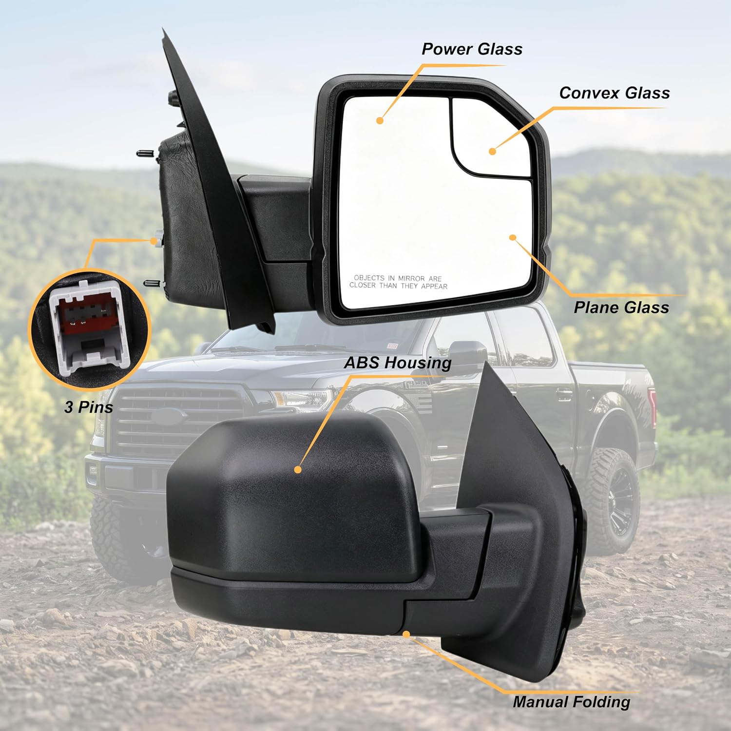 Right Passenger Side Door Mirror with Blind Spot Glass Power Fits 2015-2020 Ford F150 Without Turn Signal Light Non-Heated (3Pins) Replaces: ‎FL3Z17682AK
