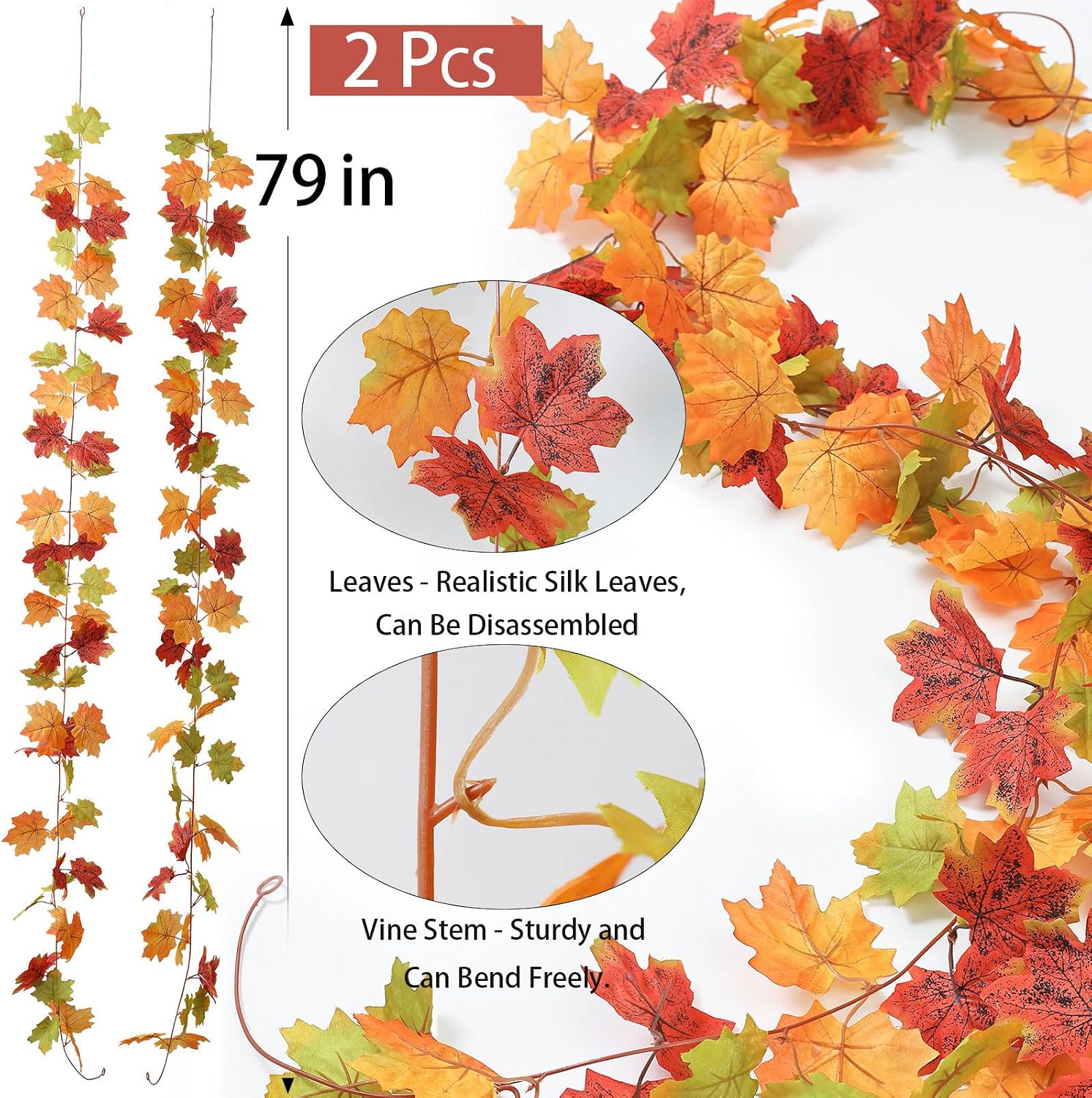 Mizii 2 Strands Artificial Maples Vines Garland 79" Fake Vine Silk Maple Leaves Faux Hanging Fall Garland for Fall Decor Thanksgiving Porch Mantle Fireplace Farmhouse Harvest Decorations (Maple)