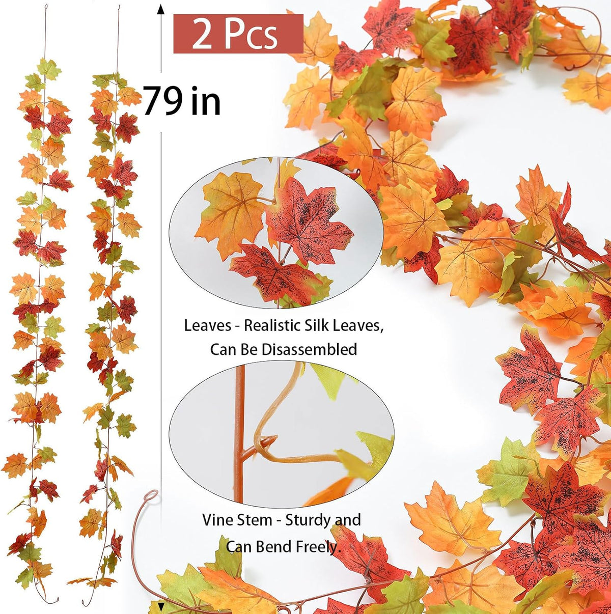 Mizii 2 Strands Artificial Maples Vines Garland 79" Fake Vine Silk Maple Leaves Faux Hanging Fall Garland for Fall Decor Thanksgiving Porch Mantle Fireplace Farmhouse Harvest Decorations (Maple)