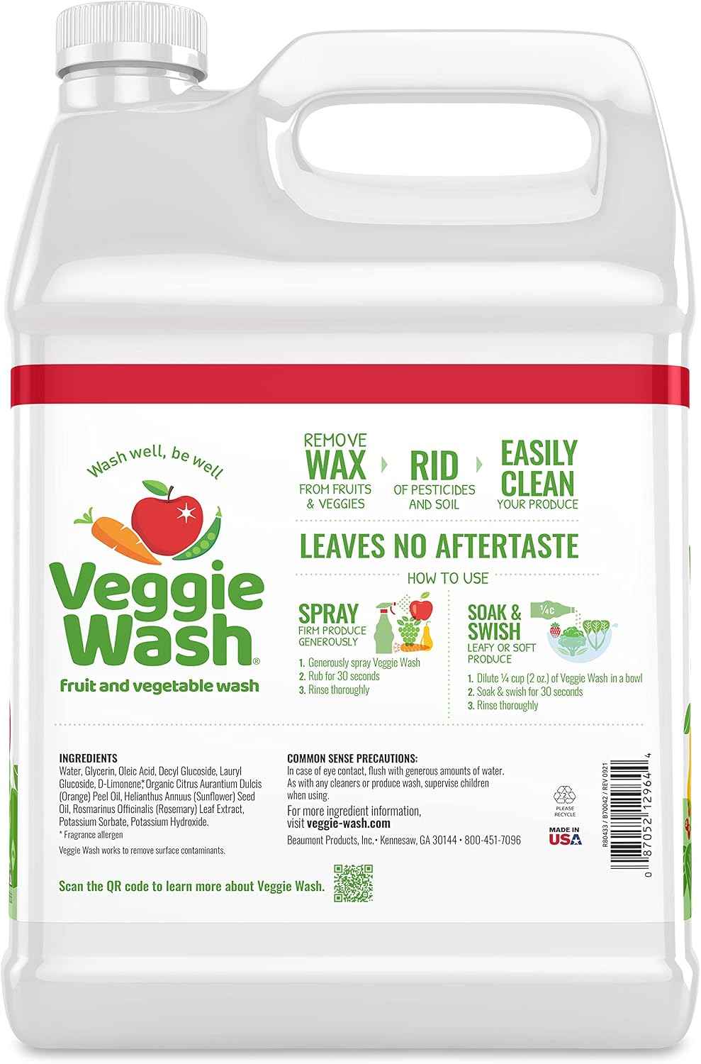 Veggie Wash Fruit and Vegetable Wash, Ideal for Cleaning Produce, 1 Gallon | Ideal for Cleaning Produce, Kosher, Vegan, Plant-Derived Ingredients, Unscented, No Parabens