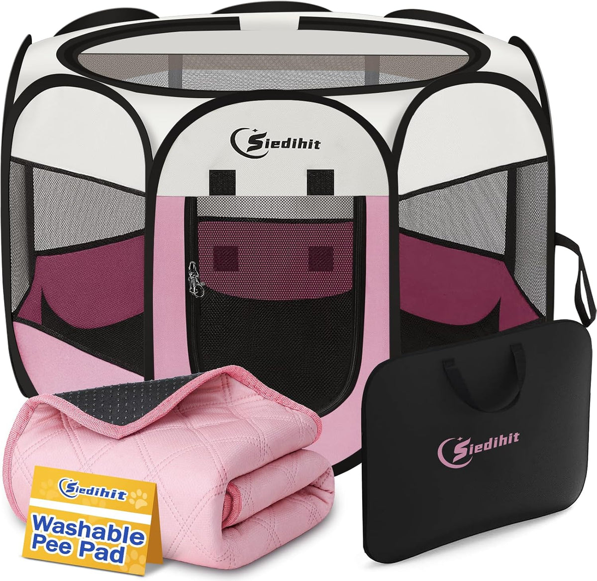 Sieidihit Dog Cat Playpen Tent Crate Cage with Washable Pee Pad, Small Pink