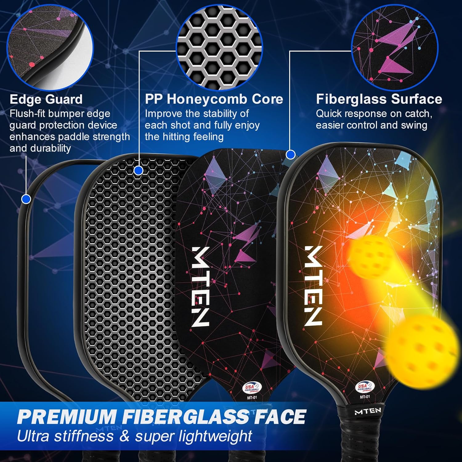 MTEN Pickleball Paddles Set of 2/4/1, USAPA Approved Fiberglass Rackets
