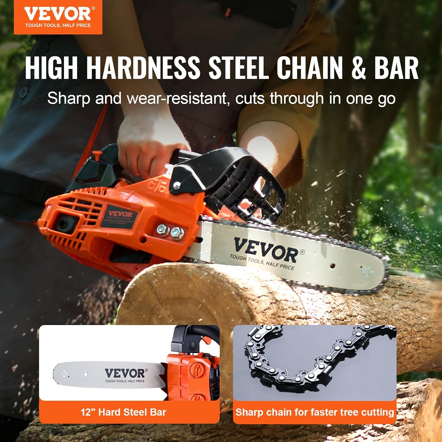 VEVOR Gas Powered Chainsaw 25.4CC 2-Cycle 12 Inch 1.2HP Cordless Chain Saw