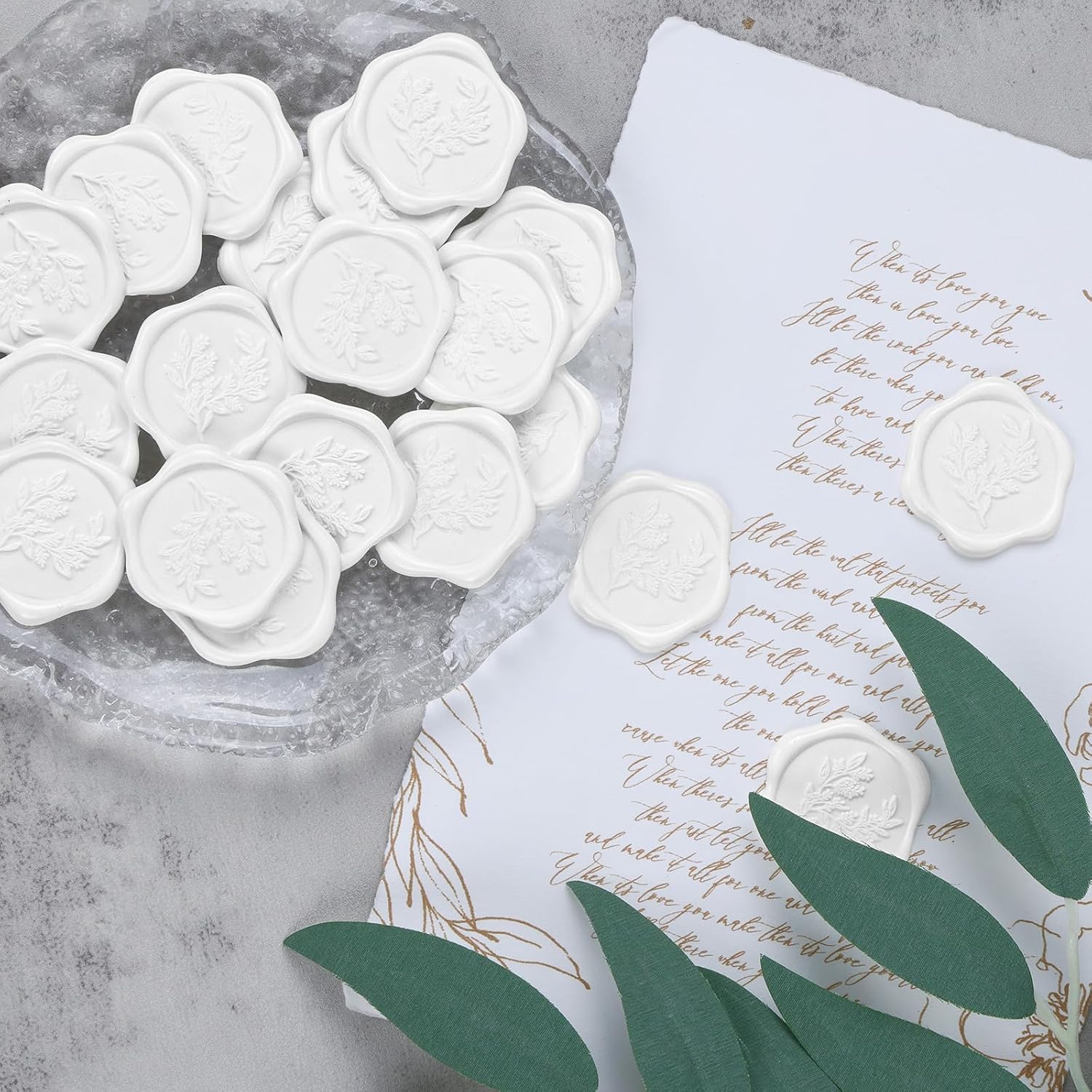 UNIQOOO Wax Seal Stickers - Eucalyptus Wedding Invitation Envelope Seal Stickers, 50 Pcs Self- Adhesive Snow White Stickers, Perfect for Invitation, Christmas, Gift Wrapping