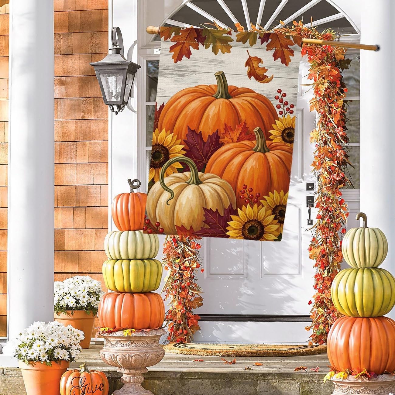Fall Pumpkin Farmhouse House Flag 28x40 Sunflowers Maple Leaves Yard Decor