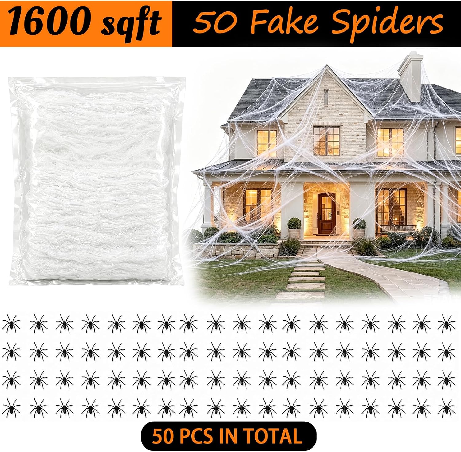 Famoby Halloween Spider Webs 1600 sqft and 50pcs Fake Spiders Super Stretch Cobwebs Party Decorate for Halloween Theme Indoor and Outdoor Decoration