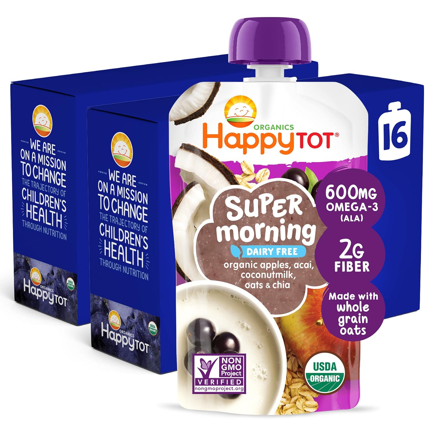 Happy Tot Organics Stage 4 Baby Food Pouches, Gluten Free, Super Morning Fruit & Oat Variety Pack Blend 4 Oz (Pack of 16), Amazon Exclusive