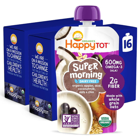 Happy Tot Organics Stage 4 Baby Food Pouches, Gluten Free, Super Morning Fruit & Oat Variety Pack Blend 4 Oz (Pack of 16), Amazon Exclusive