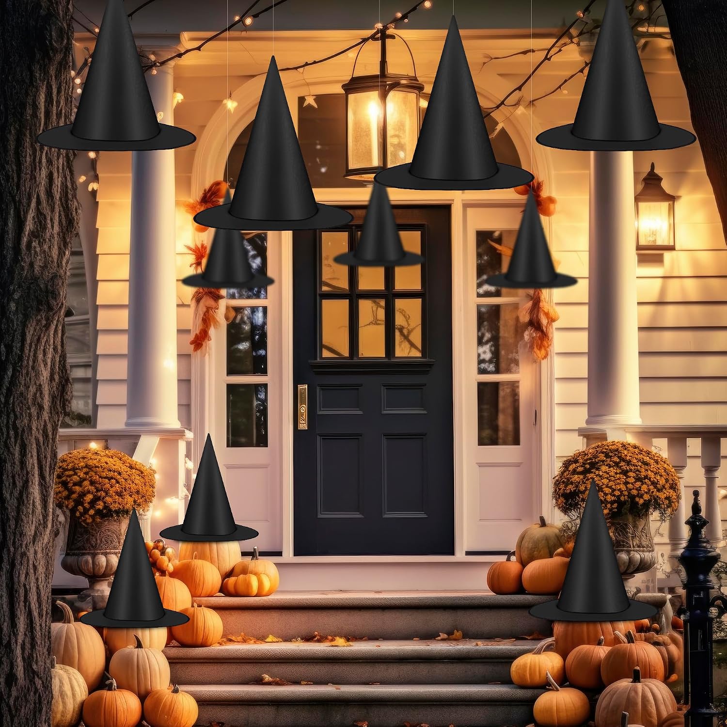 24 PCS Halloween Witch Hat with Nylon Ropes for Halloween Yard Decor