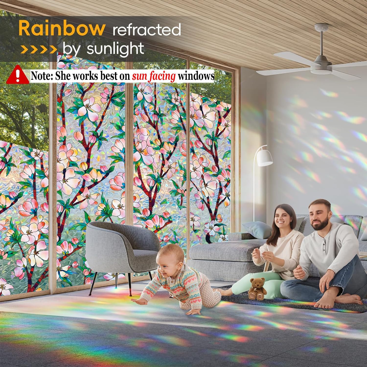 Rainbow Window Privacy Film Decorative Window Sticker, 3D Static Stained Glass Cling Tint for Home Heat Control Non-Adhesive, 35.4 Inch * 78.74 Inch