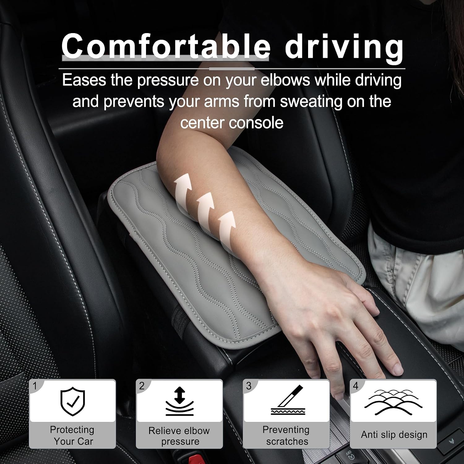 Amiss Car Center Console Cover, Upgraded Leather Car Armrest Cushion, Universal Waterproof Cushion Pad, Non-Slip Car Interior Accessories, Fits Most Sedans SUVs Trucks (Gray)