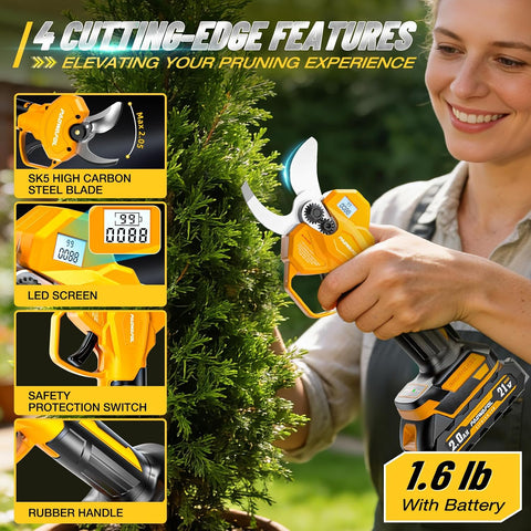 2.05"/ 52mm Electric Pruning Shears, Cordless Electric Scissors LCD Display＆SK7 Blades, 21V Brushless Motor Branch Cutter with 2 PCS Rechargeable 2000mAh Batteries & 2 Blades (Yellow)