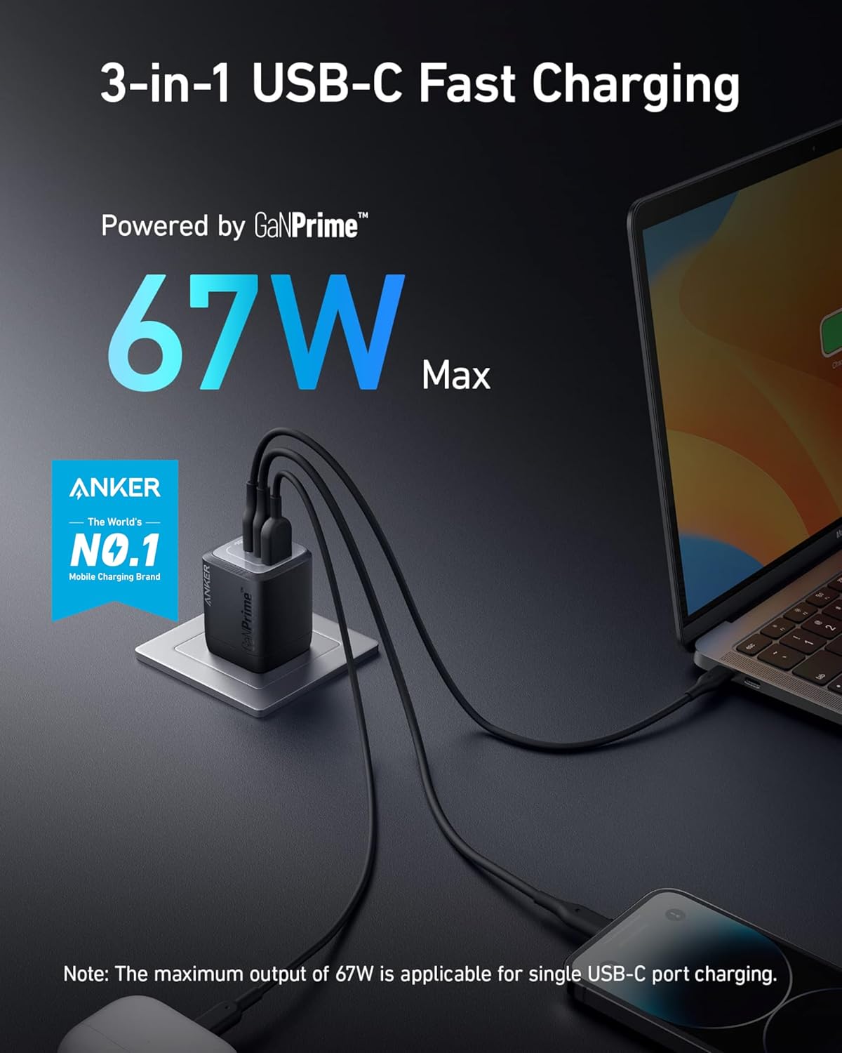 Anker USB Charger Block,67W GaN Wall Charger,3-Port Compact Fast Charging Phone Charger,For MacBook Pro/Air, Pixelbook, iPad Pro, iPhone 17/16/Pro, Galaxy S23/S22, Note20, Pixel, Apple Watch, and More