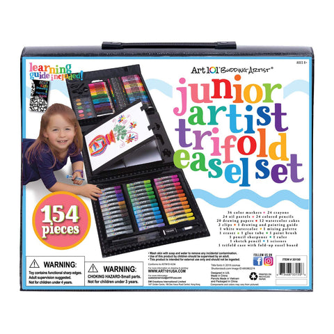 Art 101 USA Budding Artist 154 Pc Junior Artist Trifold Easel Set, Includes markers, crayons, oil pastels, watercolor paints, and colored pencils, Case, pop up easel, Portable Art Studio , White