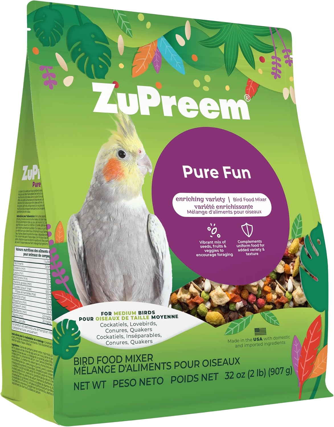 ZuPreem Pure Fun Bird Food, Cockatiel, Lovebird, Quaker, Small Conure, Lorikeet, Bird Seed and Pellets Blend for Medium Birds, ZuPreemEnriching Variety, Made in USA, Cockatiel Food, (Medium, 2 lb bag)