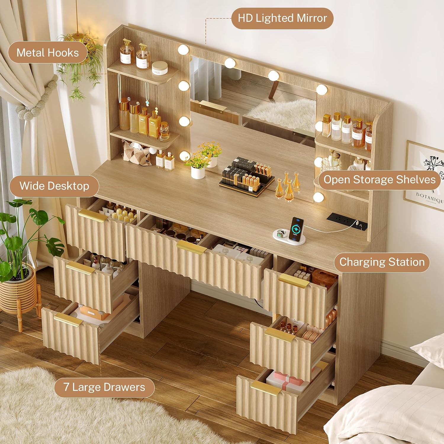 Quimoo Fluted Vanity Desk with Mirror and Adjustable LED Lights & Power Outlet, Makeup Vanity Desk with 7 Drawers,4 Shelves and 5 Hooks, Vanity for Girls, Natural Oak