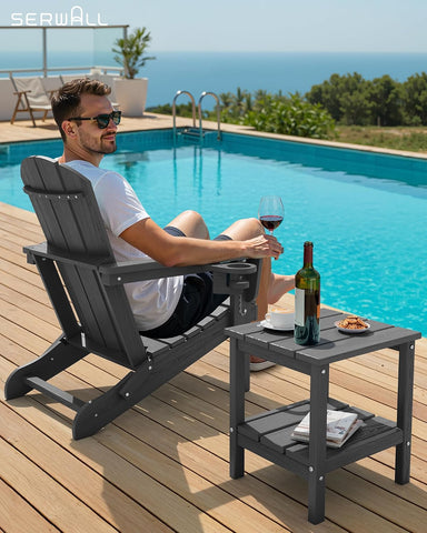 SERWALL 2-Tier HDPE Outdoor Side Table, Weatherproof Rectangular Adirondack Side Table, Grey