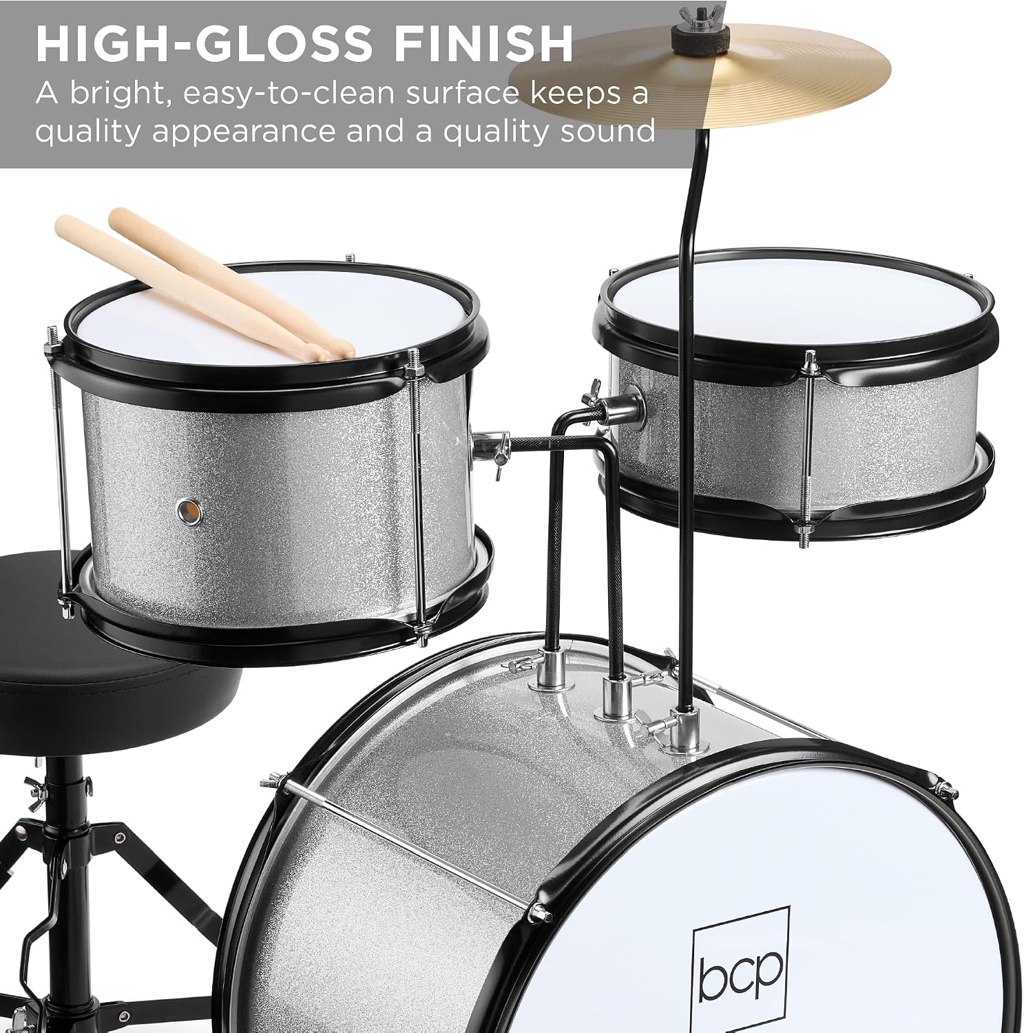 Best Choice Products 3-Piece Beginner Drum Set for Kids Juniors, w/Throne Stool, Cymbal, Drum Sticks, Bass Drum Pedal, 2 Toms - Silver Sparkle