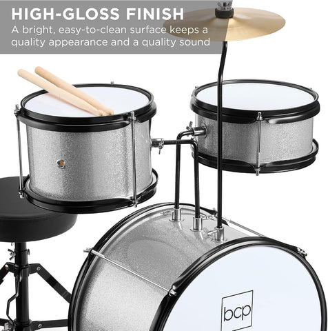 Best Choice Products 3-Piece Beginner Drum Set for Kids Juniors, w/Throne Stool, Cymbal, Drum Sticks, Bass Drum Pedal, 2 Toms - Silver Sparkle