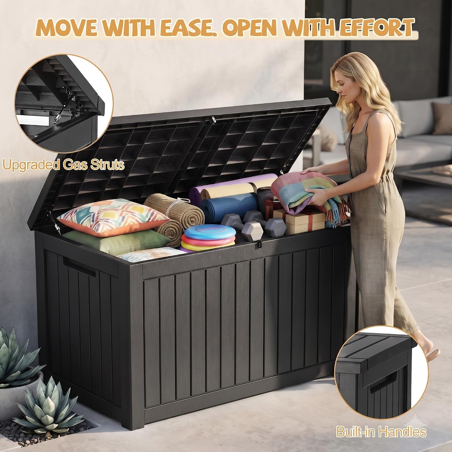 EFU Outdoor Storage Box Waterproof 380 Gal Gen 2 Resin Deck Box Gas Struts