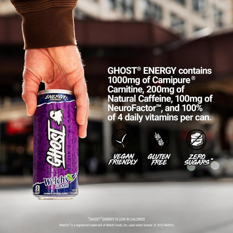 GHOST Energy Drink, Zero Sugars, 12-Pack, Welch's Grape, 16oz