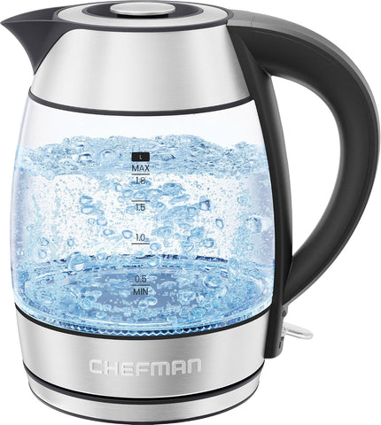 Chefman Electric Kettle 1500W, 1.8L Hot Water Boiler, Removable Lid for Easy Cleaning, LED Indicators, Auto Shutoff & Boil-Dry Protection, Borosilicate Glass Electric Tea Kettle – Stainless Steel