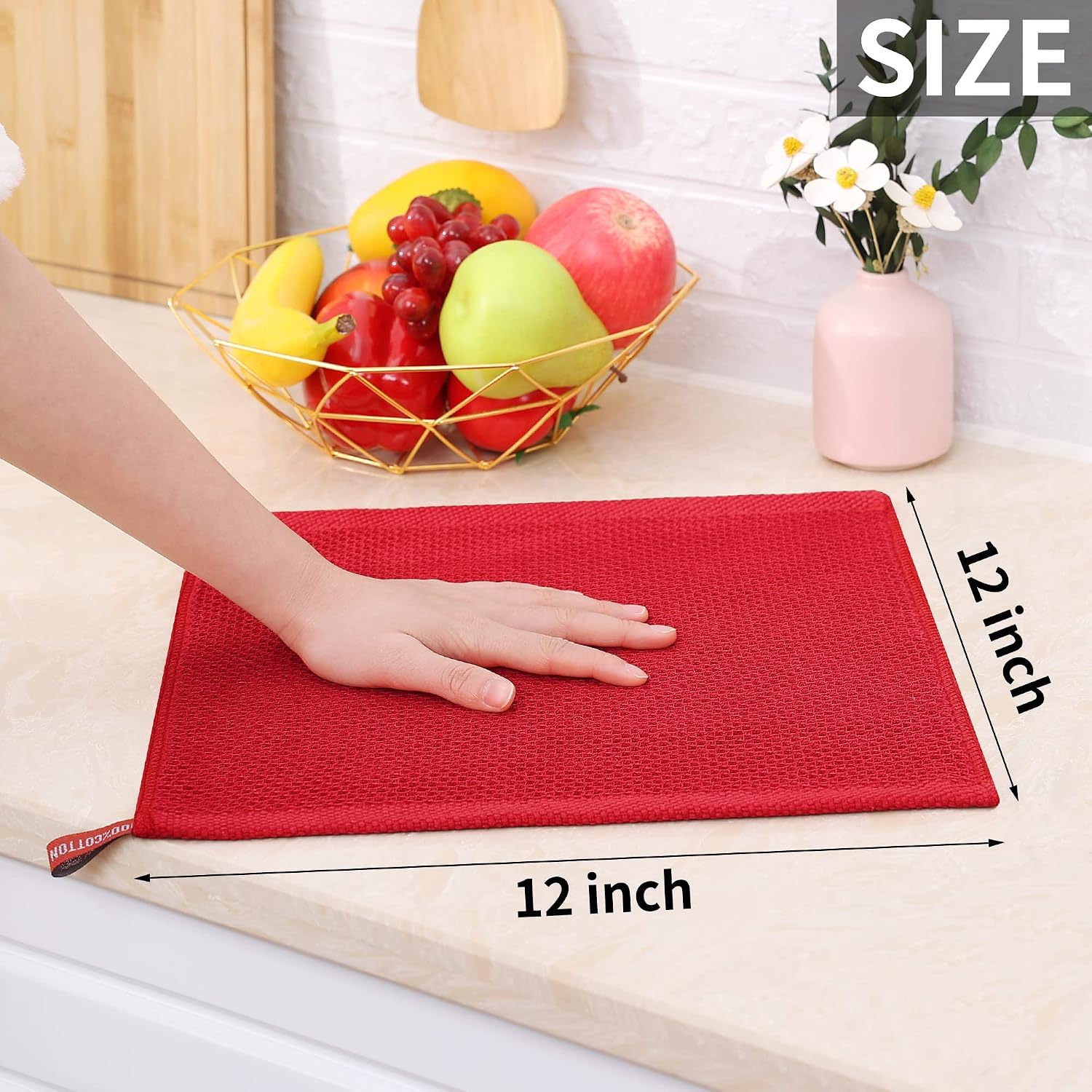 Homaxy 100% Cotton Waffle Weave Kitchen Dish Cloths 8-Pack, Red