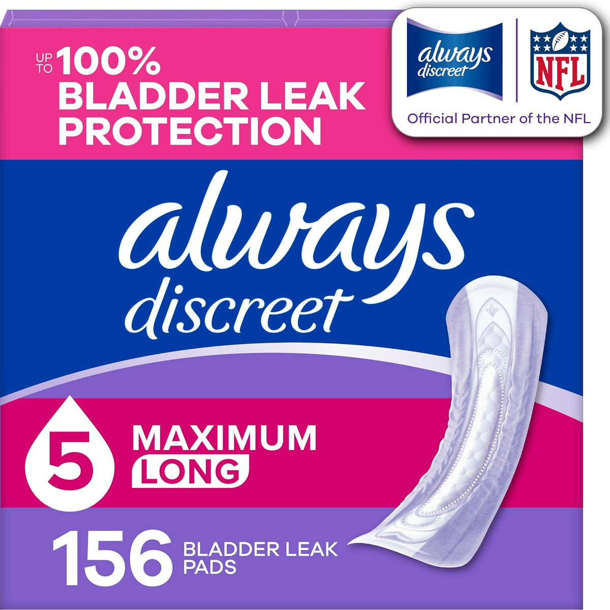 Always Discreet Adult Incontinence Pads for Women, Drier, 5 Drop Long Length, Heavy Absorbency, Pads for Bladder Control Management, Bladder Leaks, & Postpartum Pads, 156ct