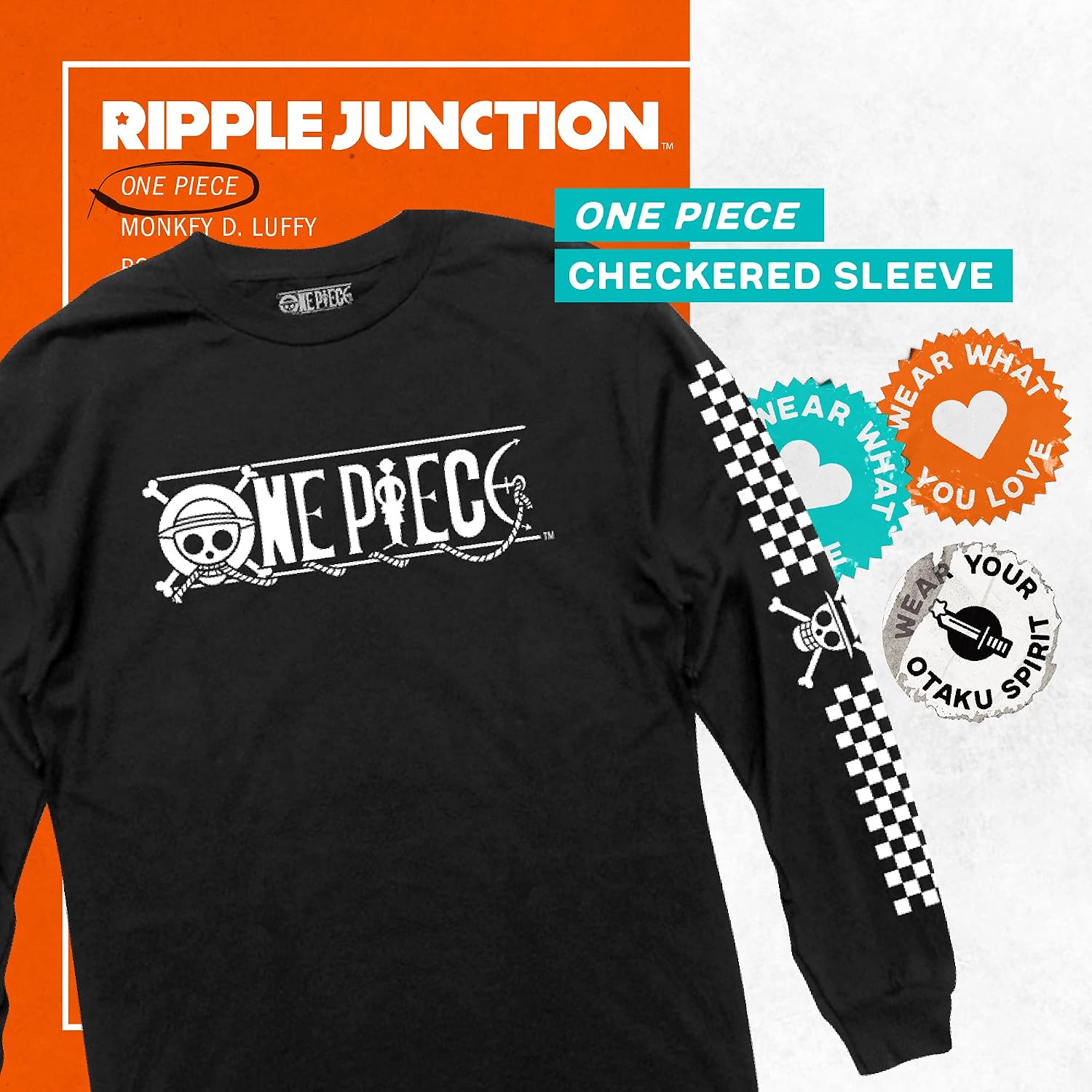 Ripple Junction One Piece Men's Long Sleeve T-Shirt Anime Straw Hat Pirates Jolly Roger Sleeve Graphic Officially Licensed