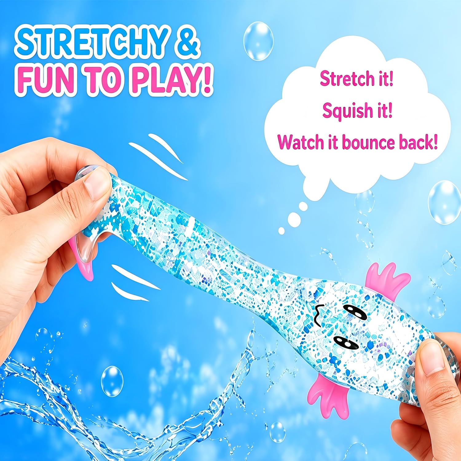 Axolotl Squishy Stress Relief Toy,Glitter Fidget Squishy Toys,Cute Axolotls Squeeze Toys, Fidget Toys for Kids Youth Adult,Party Favors (2PCS Blue+Pink Axolotl)