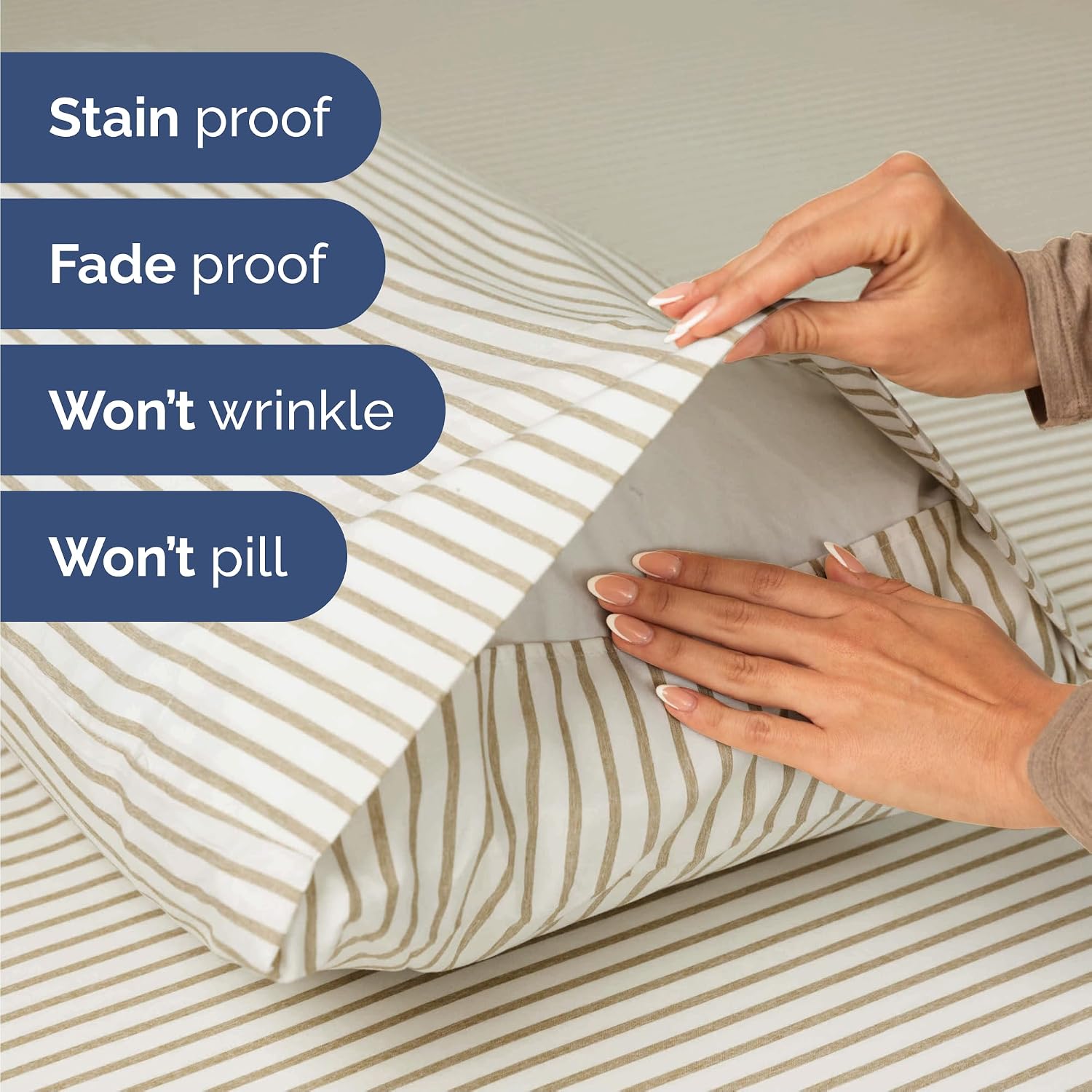 Cal King Size 4 Piece Sheet Set - Breathable & Cooling - Beige Stripes