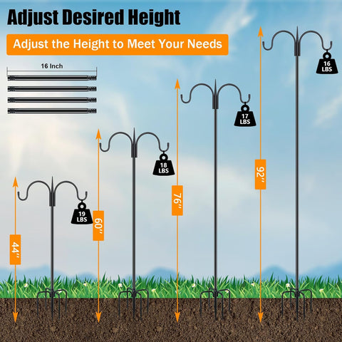 FEED GARDEN Heavy Duty Shepherds Hook 92" Double Hooks Adjustable (44/60/76/92") - Metal 5-Prong Base, 15lb Capacity - Easy Assembly Bird Feeder Pole for Hanging Planters, Lanterns, Wind Chimes