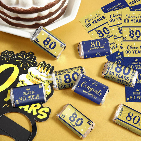 Tenare 90 Pcs 80th Birthday Candy Wrappers, Blue and Gold Stickers