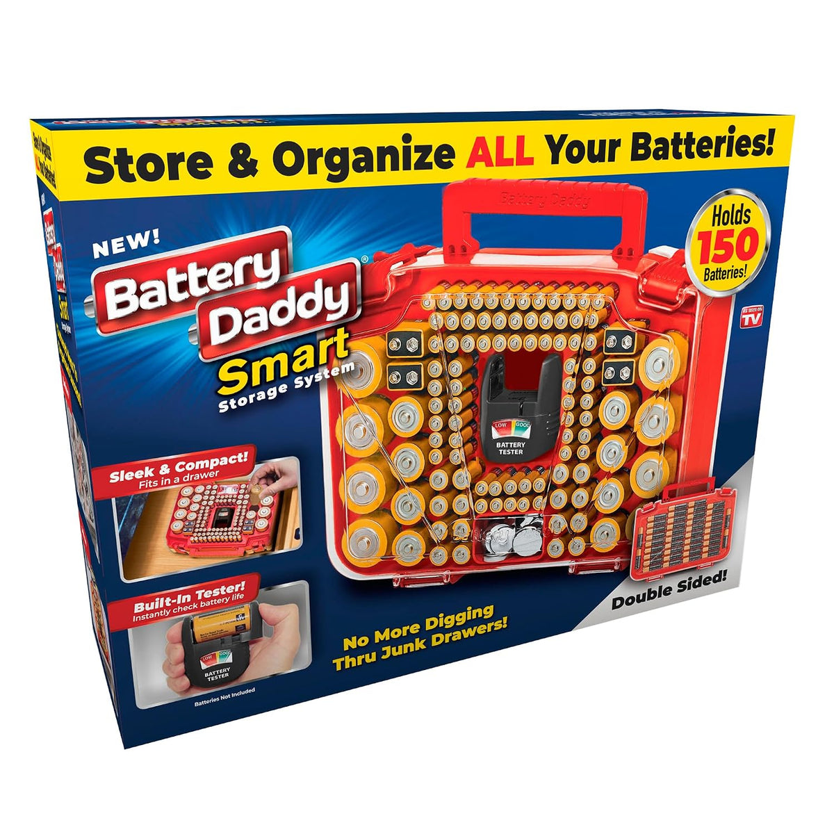 Ontel Battery Daddy Smart Organizer Storage Case & Tester, Holds 150