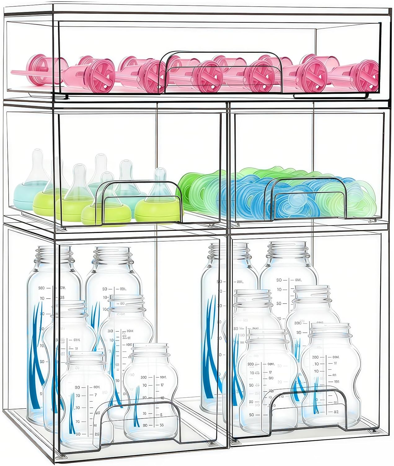 Baby Bottle Organizer 5 Pack Baby Bottle Storage Organizer Clear Bottles Station Acrylic Stackable Container Drawers Bins for Pacifiers,Nipples,Pump Parts for Countertop,Cabinet,Bathroom,Vanity