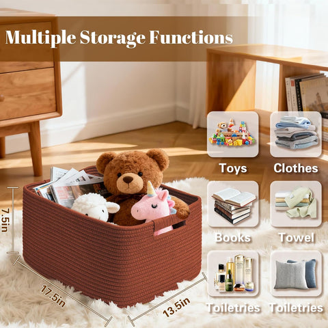 3 Pack Large Storage Basket for Organizing, 17.5"x13"x7" Woven Basket for Shelves, Closet Cube Storage Bins with Wrapped Handle, Cotton Rope Baskets for Kitchen, Clothes, Toys(Oxide Red)