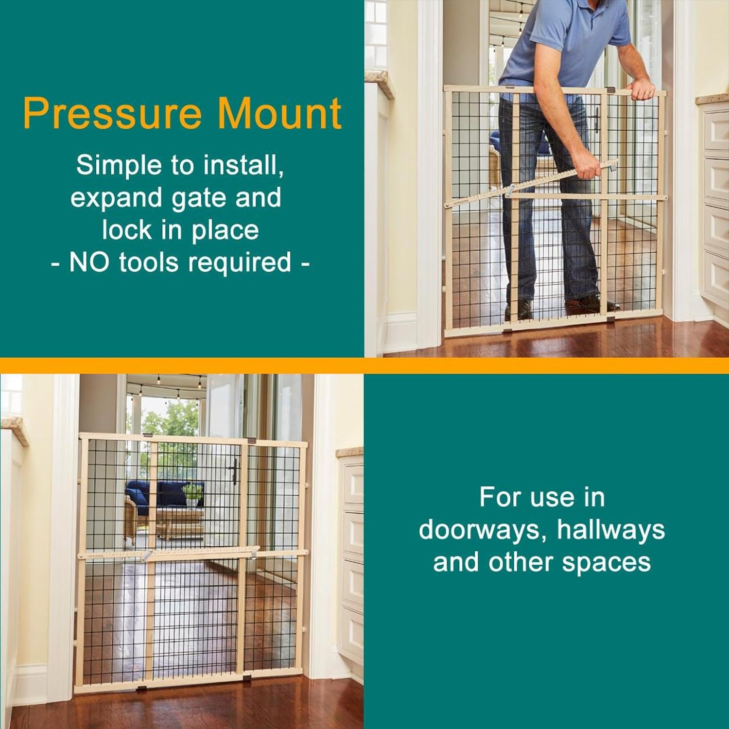 MYPET Wire Mesh Dog Gate: 29.5"-40" Wide, Pressure Mounted with No Tools; Expandable, Durable Pet Gates for Doors and Hallways, 37" Tall, Made with Sustainable Hardwood