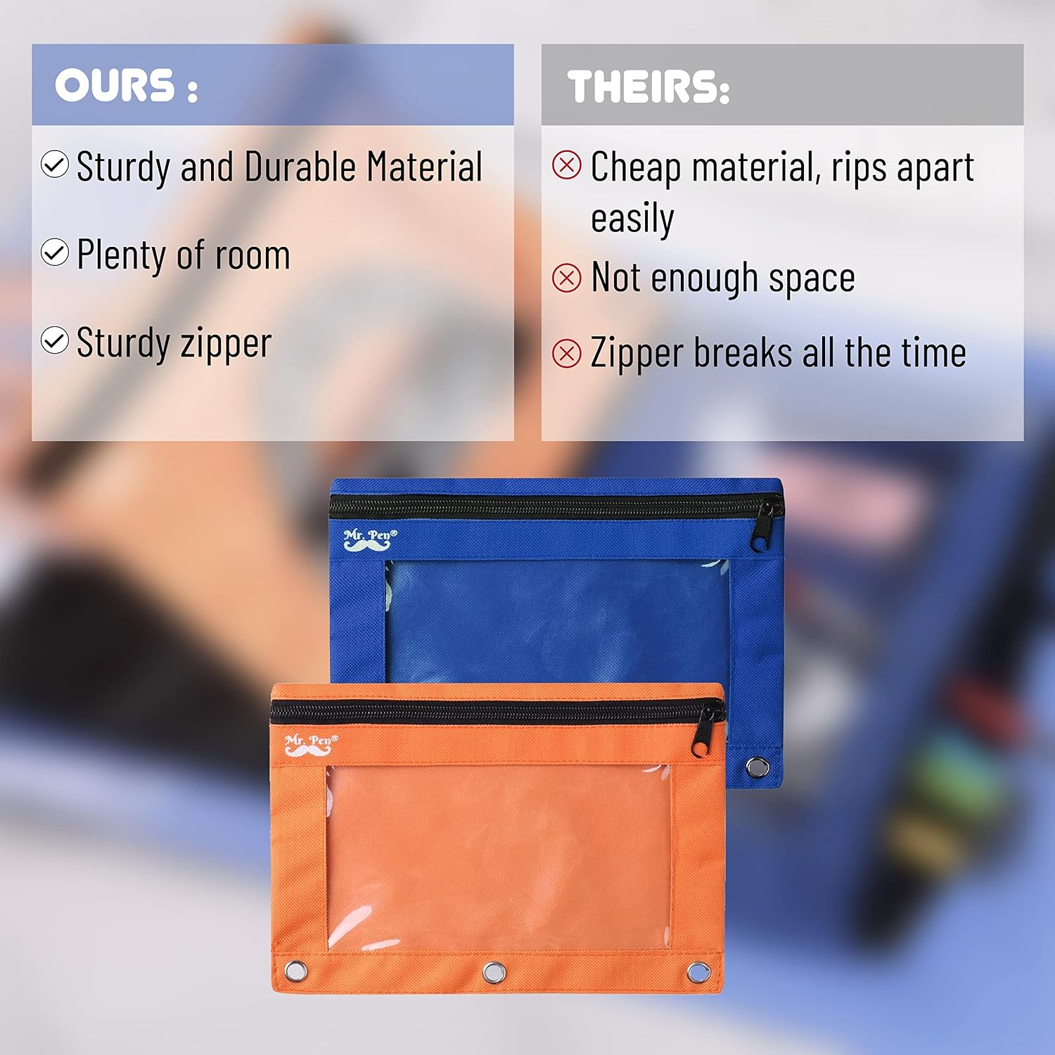 Mr. Pen- Pencil Pouch for 3 Ring Binder, 2 Pack, 10"x6.75", Smooth Zipper