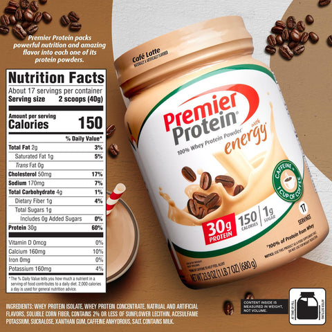 Premier Protein Powder, Cafe Latte, 30g Protein, 1g Sugar, 100% Whey Protein, Keto Friendly, No Soy Ingredients, Gluten Free, 17 Servings, 23.9 Ounce (Pack of 1)