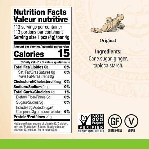 CHIMES ORIGINAL Ginger Chews (1-Pound 1 LB BAG) Premium Natural Chewy Ginger Candy — 16 OZ Individually Wrapped Ginger Chew Candy