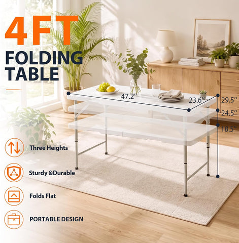 HULKFIT 4FT Folding Table, 3-Height Adjustable Portable Table with Carry Handle, Sturdy Steel Frame, Ideal for Indoor/Outdoor Dining, Parties, and Camping