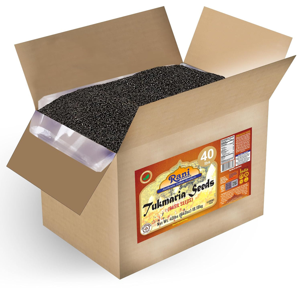 Rani Tukmaria (Holy Basil Seeds) 640oz (40lbs) 18.14kg Used for Falooda / Sabja Dessert, Spice & Ayurveda Herbal ~ All Natural | Gluten Friendly | NON-GMO | Kosher | Vegan | Indian Origin