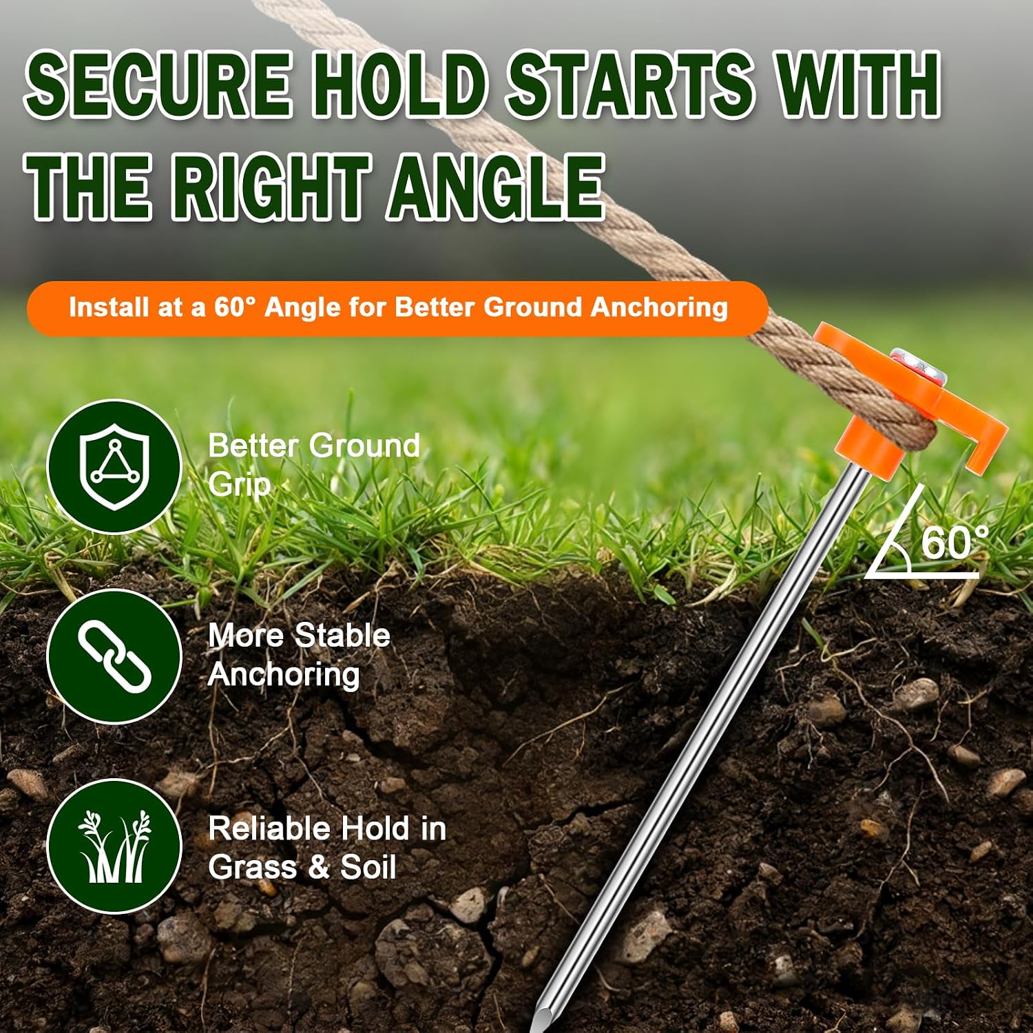 FEED GARDEN Heavy Duty Tent Stakes 10 Inch - 20 Pack Galvanized Steel Ground Anchors for Camping Tents, Canopy, Tarp - Rust Resistant Metal Pegs with High Visibility Orange Head