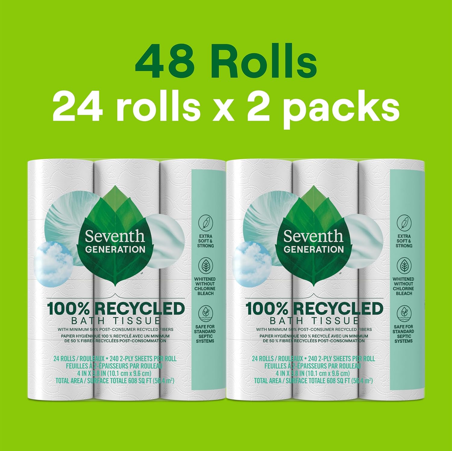 Seventh Generation Toilet Paper, 100% Recycled 2-Ply Bath Tissue, 48 Rolls | 240 Sheets Per Roll, Extra Soft & Strong for Home & RV, Whitened without Chlorine Bleach, No Dyes or Fragrances, Septic Safe
