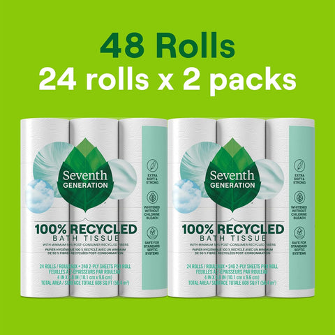 Seventh Generation Toilet Paper, 100% Recycled 2-Ply Bath Tissue, 48 Rolls | 240 Sheets Per Roll, Extra Soft & Strong for Home & RV, Whitened without Chlorine Bleach, No Dyes or Fragrances, Septic Safe