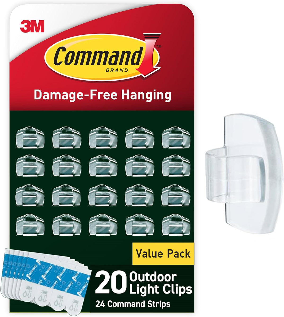 Command Outdoor Light Clips, Clear, 20 Clips, 24 Weather Resistant Strips
