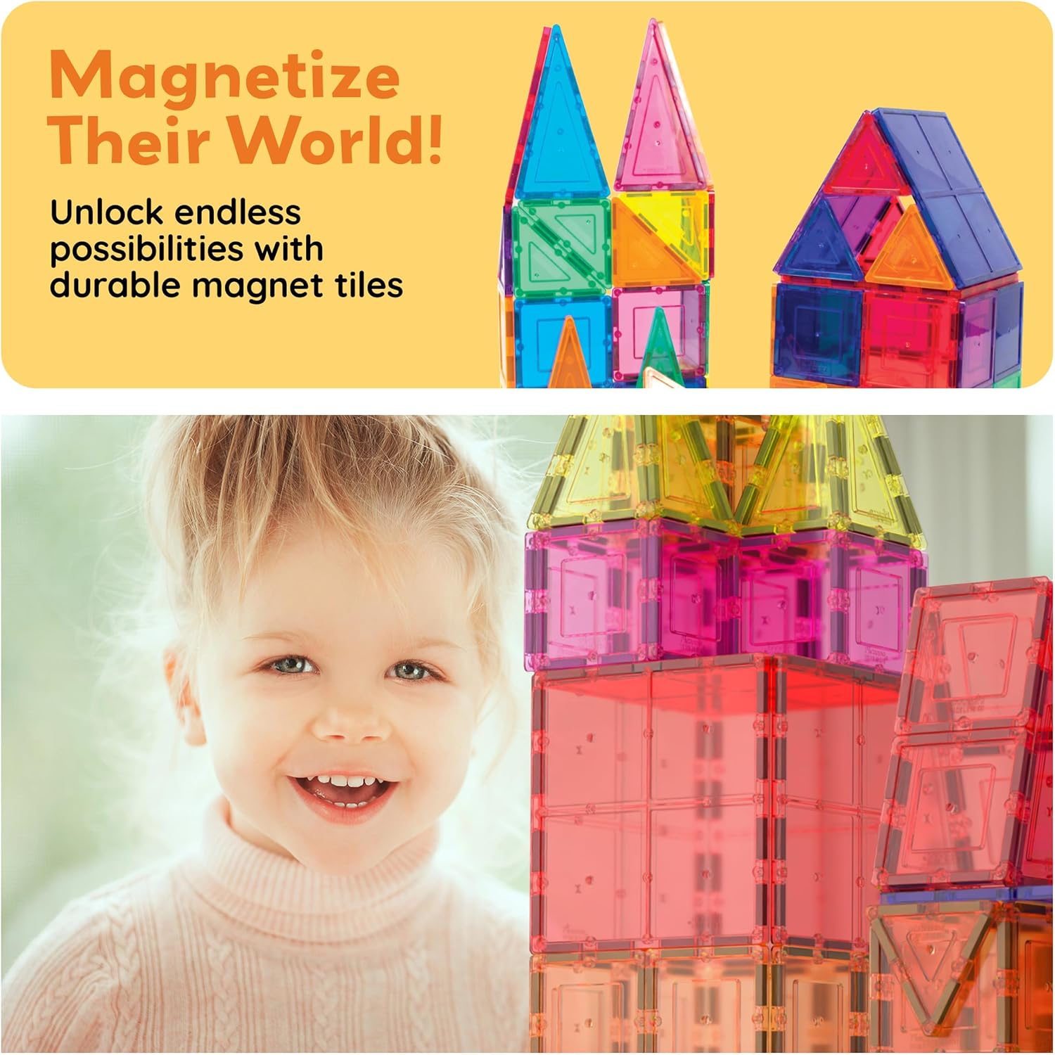 PicassoTiles 60 Piece Magnetic Tiles Clear 3D Building Blocks STEM Ages 3+