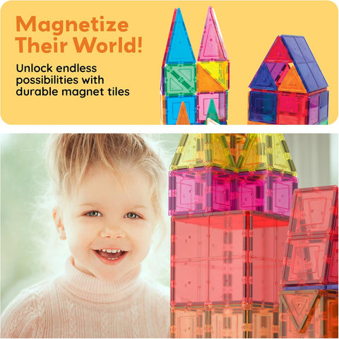 PicassoTiles 60 Piece Magnetic Tiles Clear 3D Building Blocks STEM Ages 3+